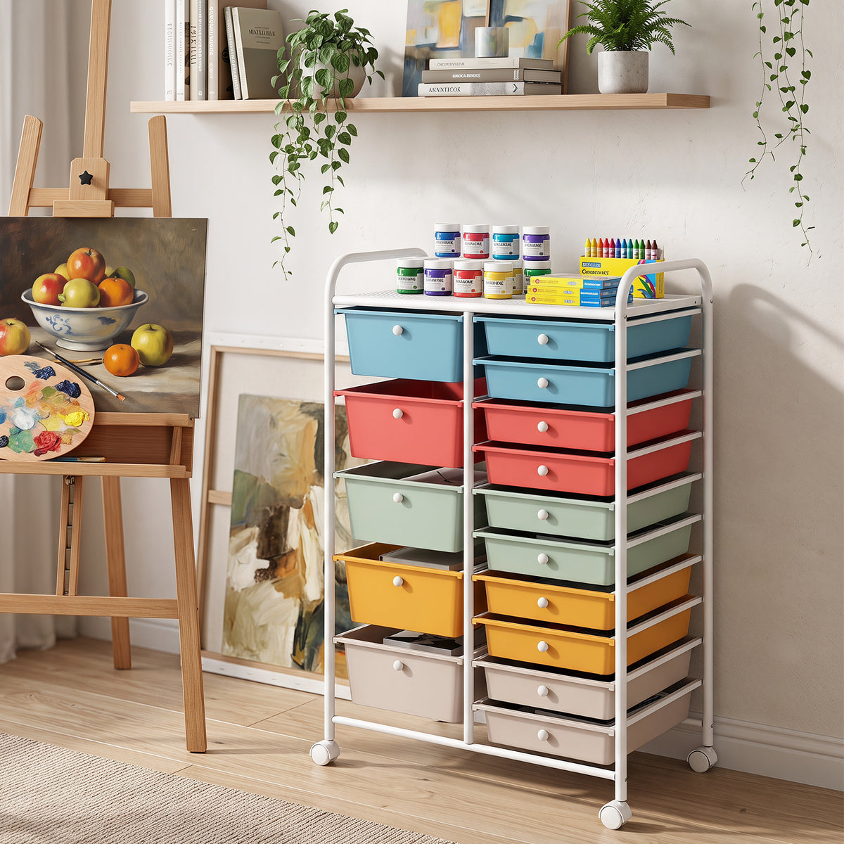 15 Drawer Rolling Storage Cart with Metal Frame and Lockable Wheels for Art Crafts-Rainbow