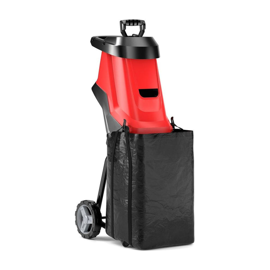 15-AMP Electric Wood Chipper and Shredder with Wheels in red and black with a collection bag attached