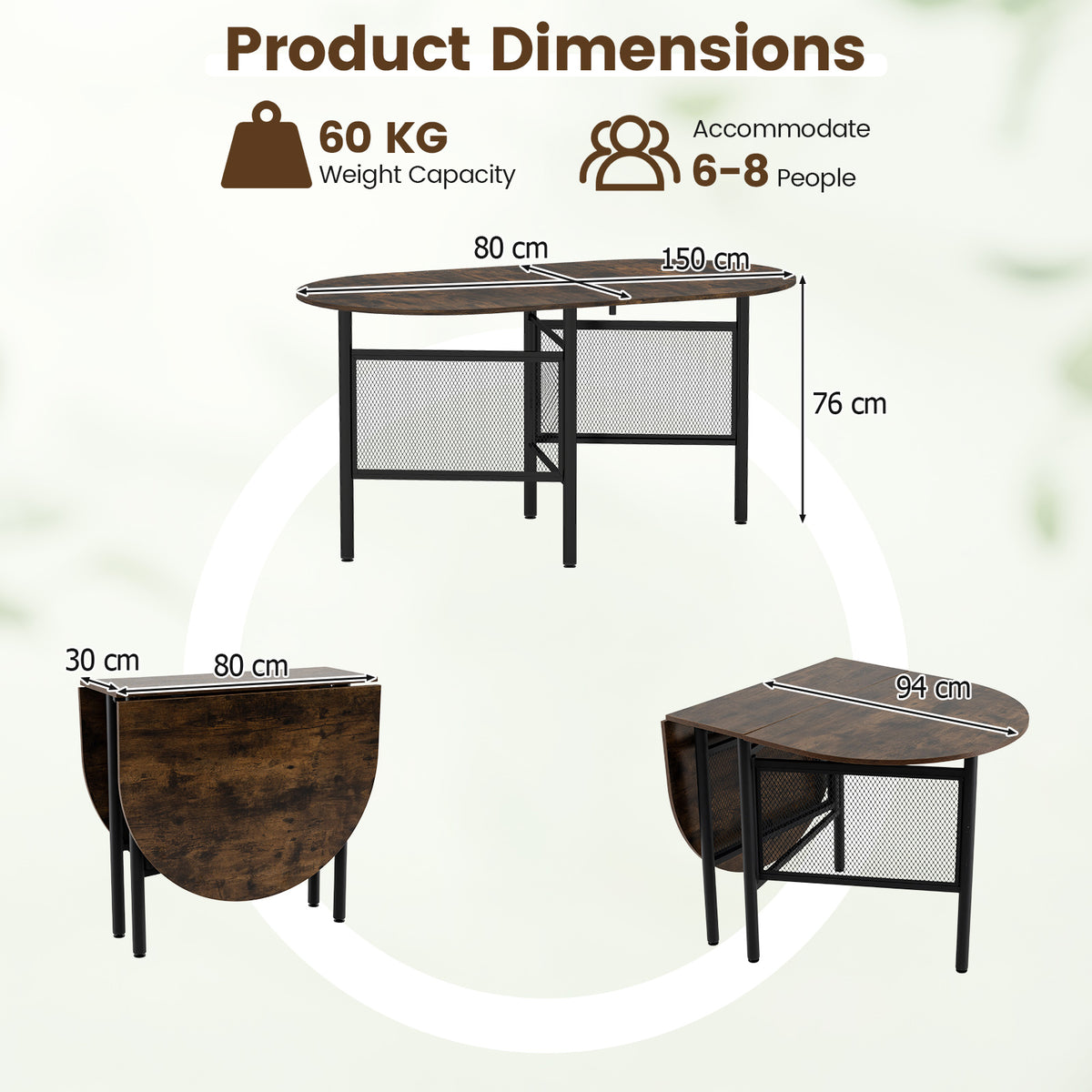 150 CM Folding Dining Table for 6-8 People with Metal Legs-Brown