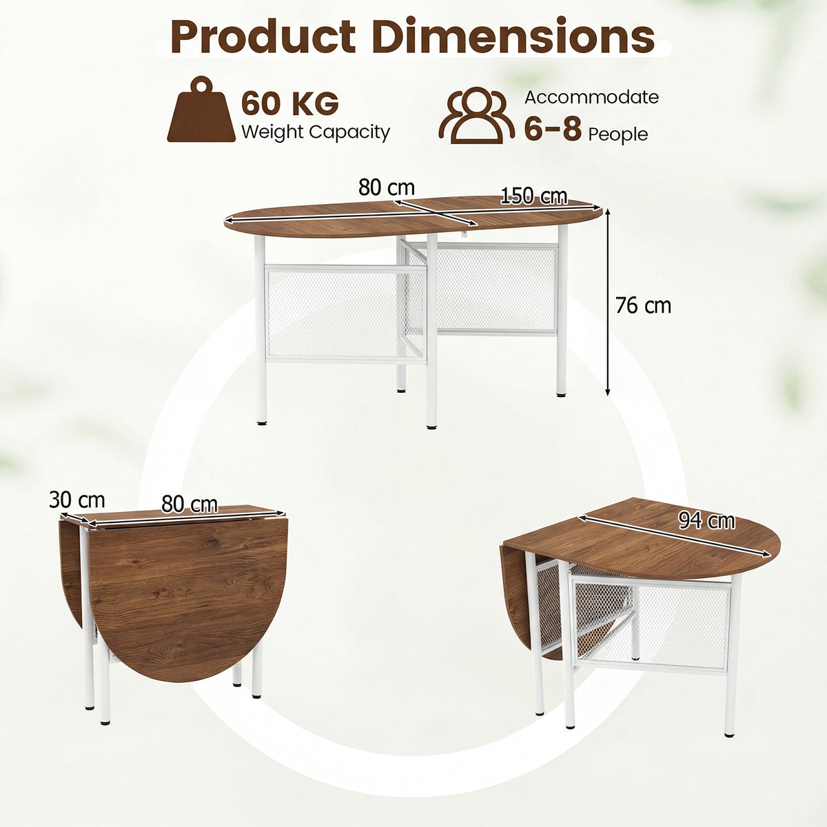 150 CM Folding Dining Table for 6-8 People with Metal Legs-Natural