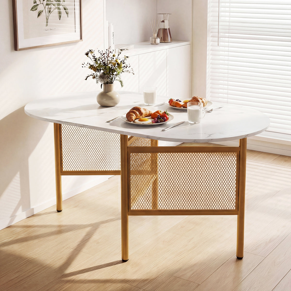 150 CM Folding Dining Table for 6-8 People with Metal Legs-White & Golden