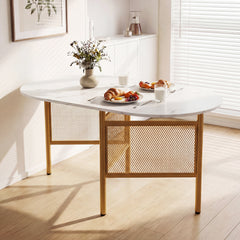 150 CM Folding Dining Table for 6-8 People with Metal Legs-White & Golden