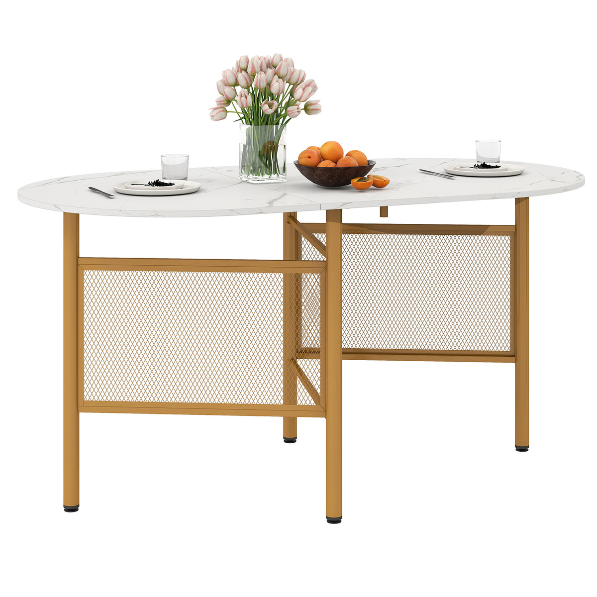 150 CM Folding Dining Table for 6-8 People with Metal Legs-White & Golden