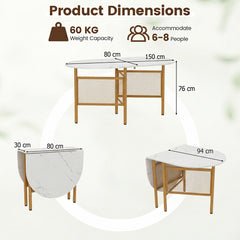150 CM Folding Dining Table for 6-8 People with Metal Legs-White & Golden