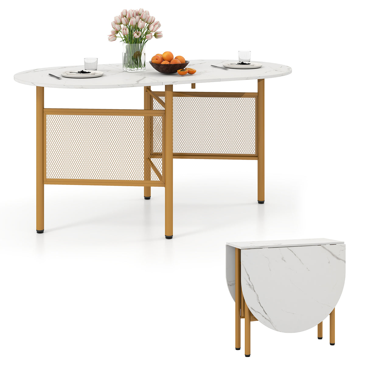 150 CM Folding Dining Table for 6-8 People with Metal Legs-White & Golden
