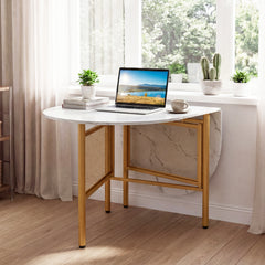 150 CM Folding Dining Table for 6-8 People with Metal Legs-White & Golden