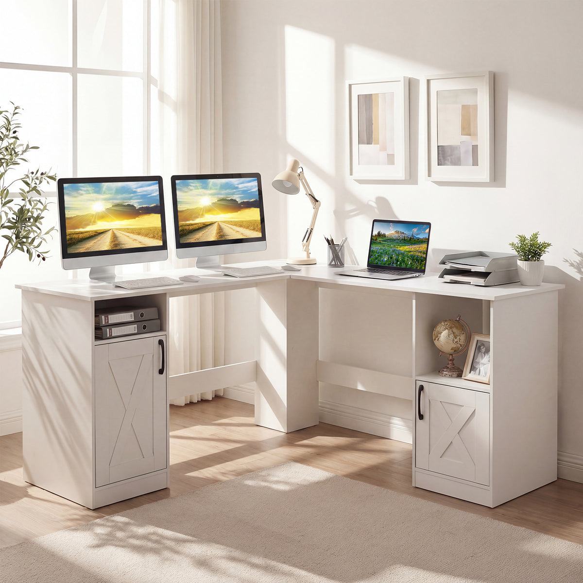 150 CM L Shaped Executive Desk with Charging Station-White