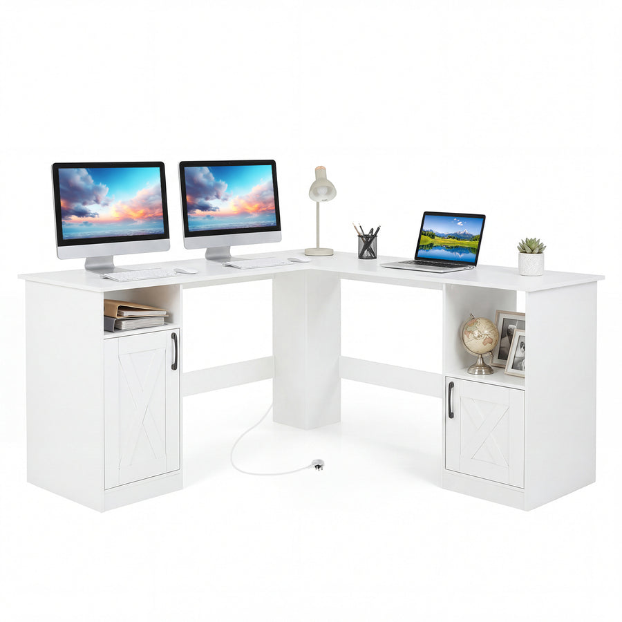 150 CM L Shaped Executive Desk with Charging Station-White
