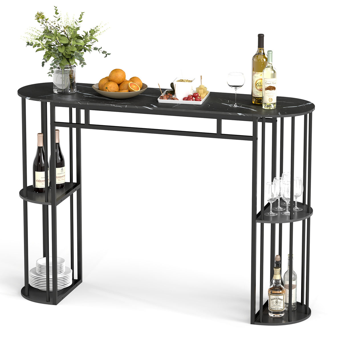 150 CM Long Bar Table with Faux Marble Tabletop & Storage Shelves for Kitchen & Dining-Black