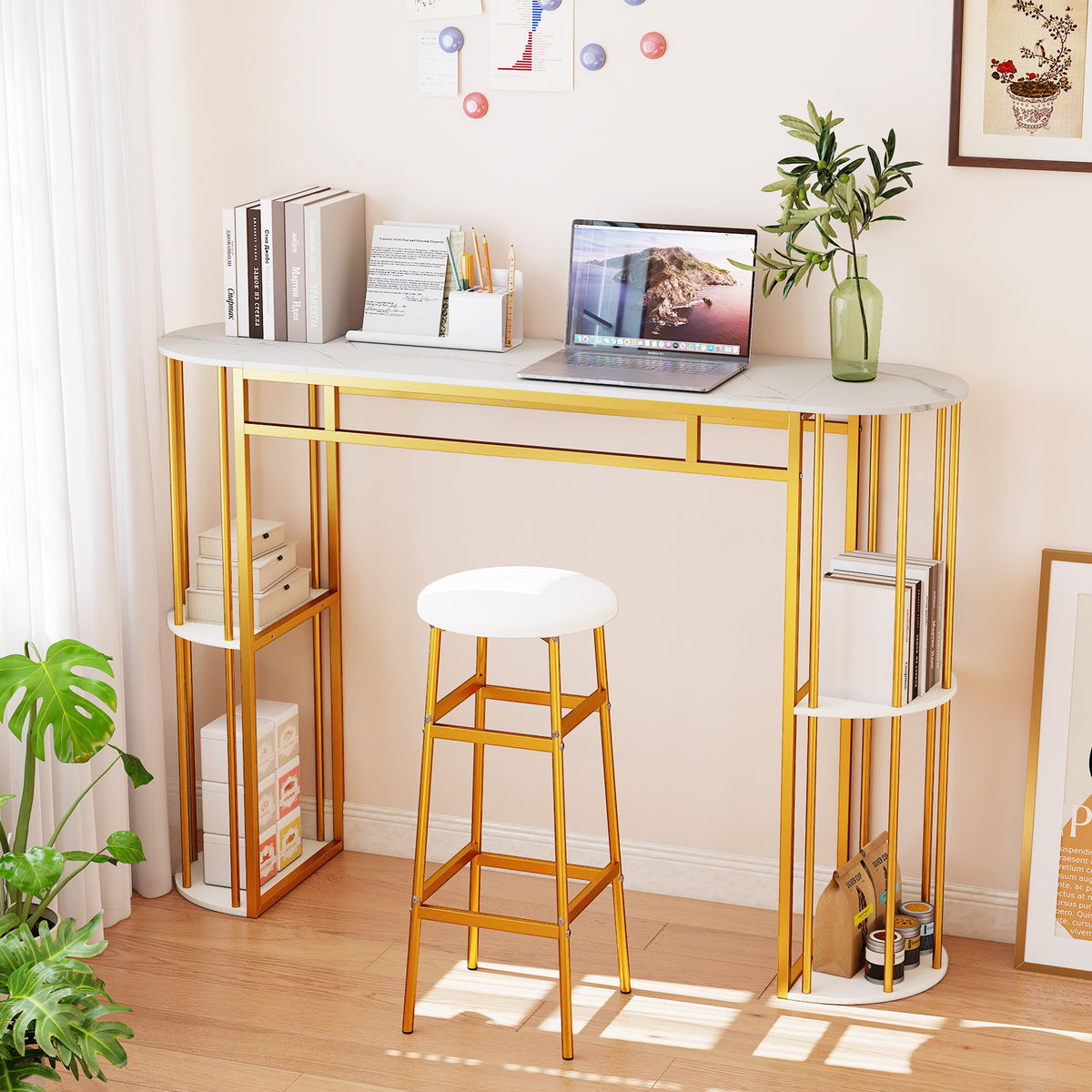 150 CM Long Bar Table with Faux Marble Tabletop & Storage Shelves for Kitchen & Dining-Golden and White