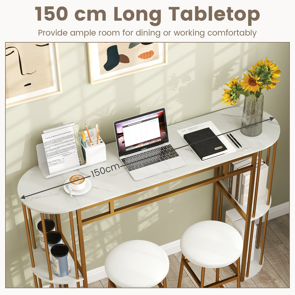 150 CM Long Bar Table with Faux Marble Tabletop & Storage Shelves for Kitchen & Dining-Golden and White