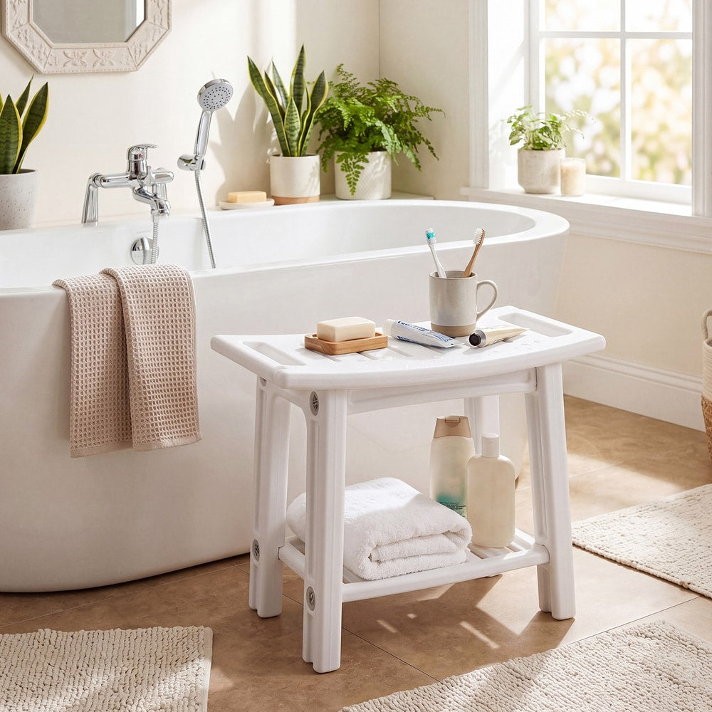 The white shower stool with storage shelf shown next to a bathtub
