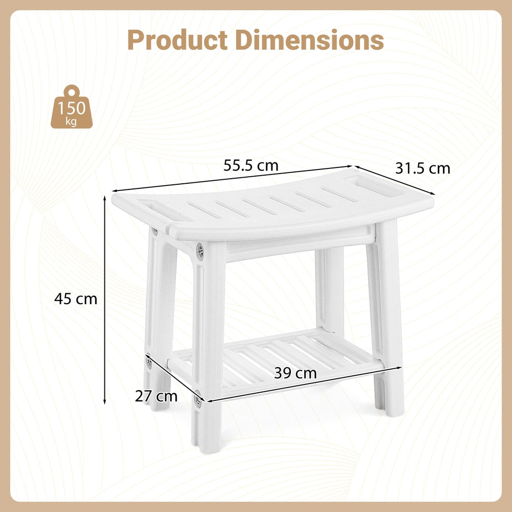 The bath safety bench with arrows and text indicating the product dimensions