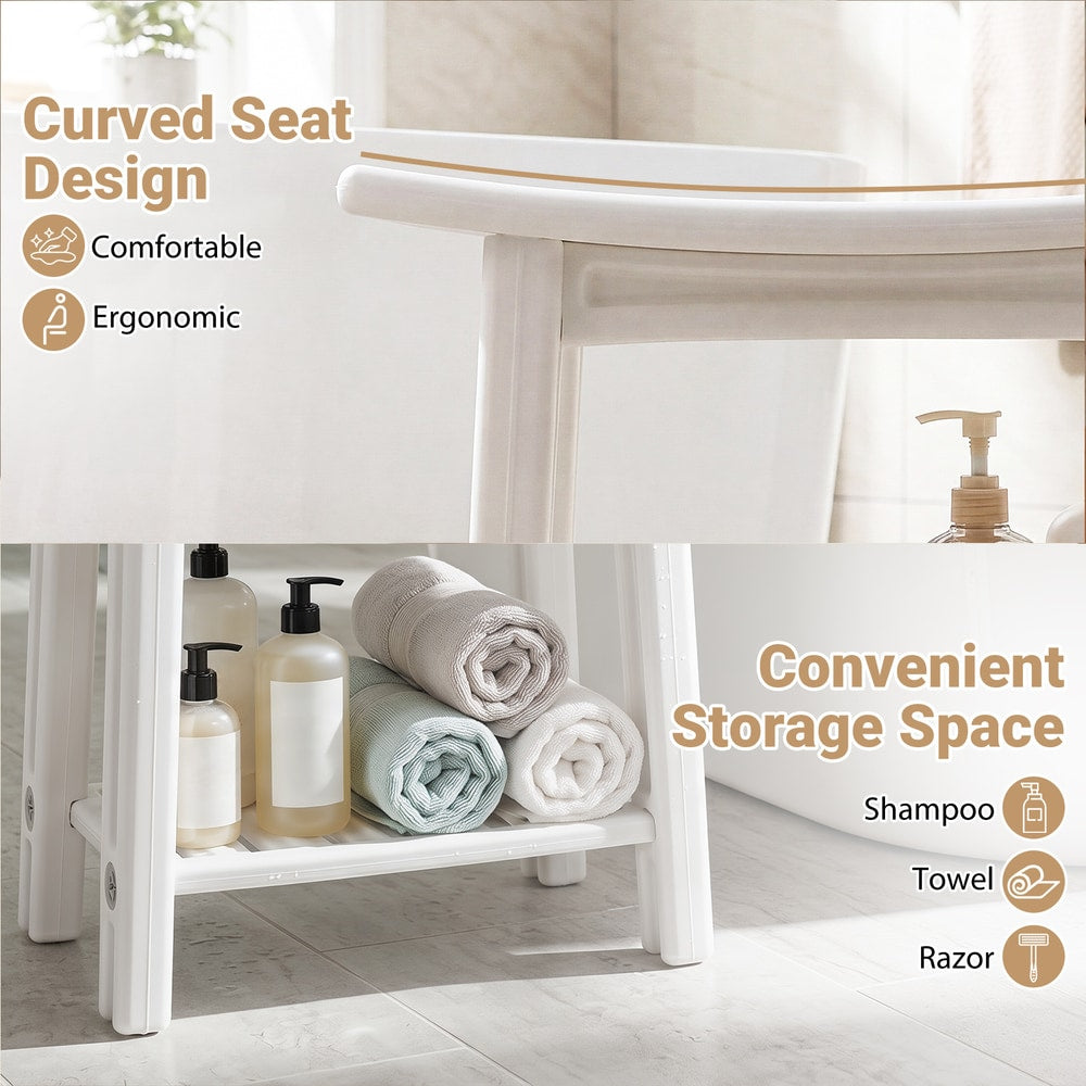 The shower stool showing the curved seat design and the lower storage shelf