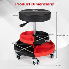 Rolling mechanic stool with dimensions labelled