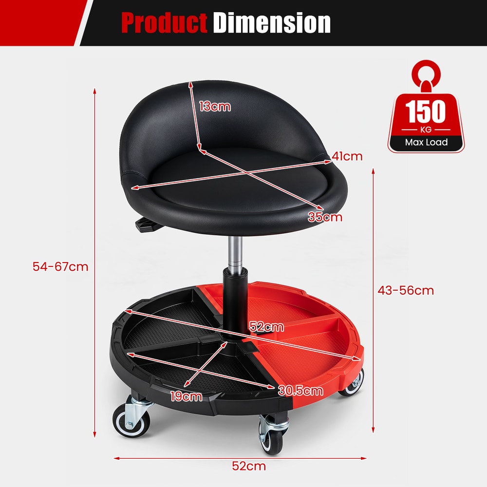 Diagram showing the dimensions of the red rolling mechanic stool