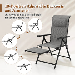 150 kg Capacity Folding Patio Chairs Set of 2 with 10-Level Adjustable Backrests and Armrests-Grey