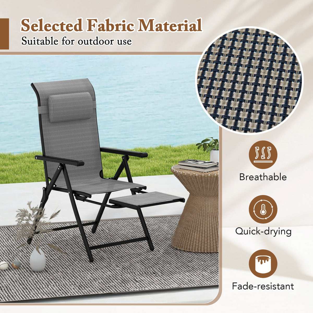 150 kg Capacity Folding Patio Chairs Set of 2 with 10-Level Adjustable Backrests and Armrests-Grey
