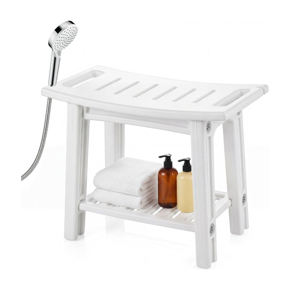 150 KG Capacity HDPE Shower Bench with a shower head and toiletries on the lower shelf
