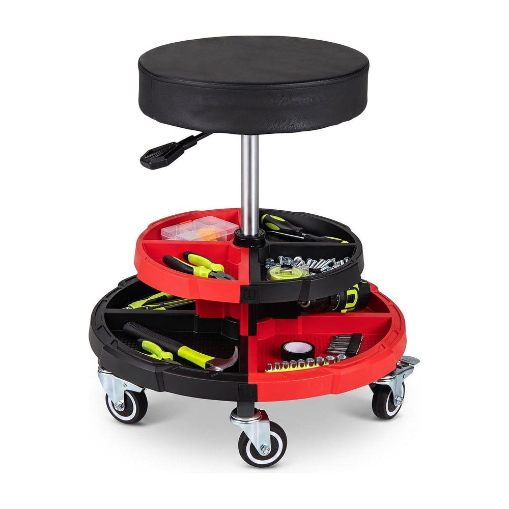 150 KG Max Load Rolling Mechanic Stool with cushioned seat and dual tool trays