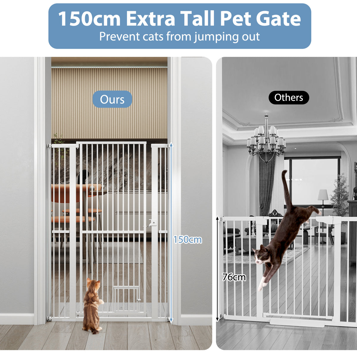 150CM Extra Tall Pet Gate Heavy-Duty Metal Easy Walk Through Gate-White