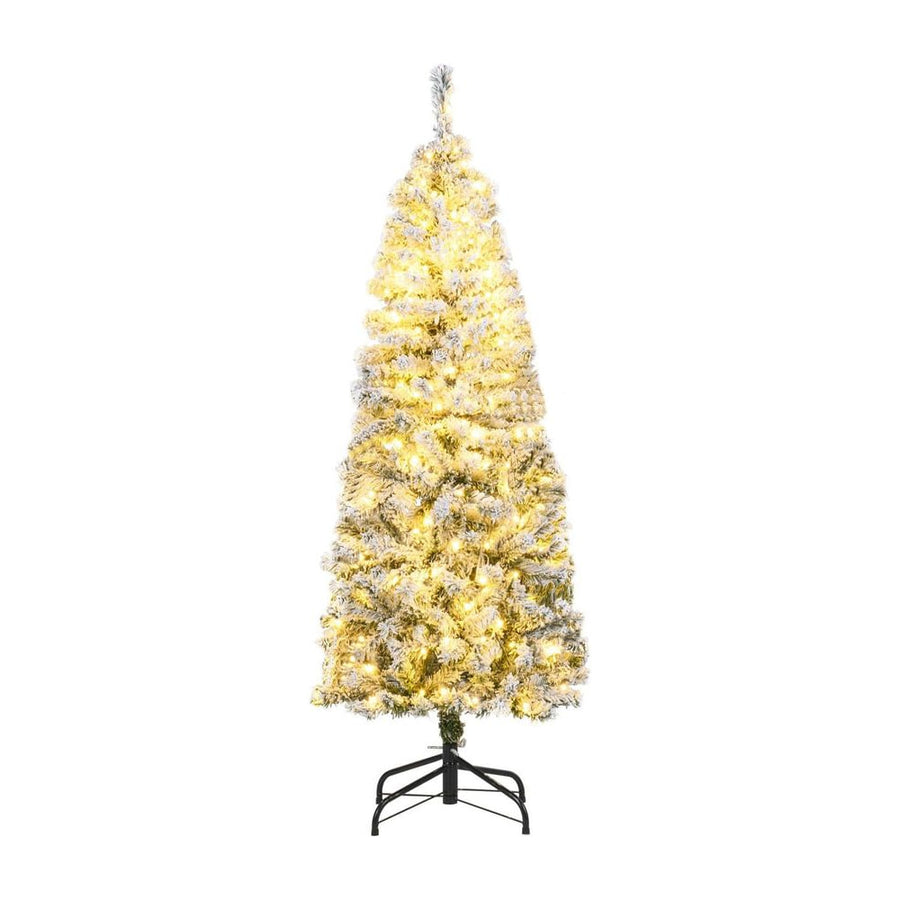 150 CM Pre-Lit Christmas Tree Hinged Slim Pencil Xmas Tree with 329 Snow Flocked PVC Branch Tips-1.5 M