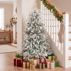 150cm Snow-Flocked Christmas Tree with Full Branch Tips and Natural Pine Cones Warm White LED Lights