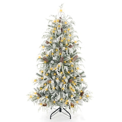 150cm Snow-Flocked Christmas Tree with Full Branch Tips and Natural Pine Cones Warm White LED Lights