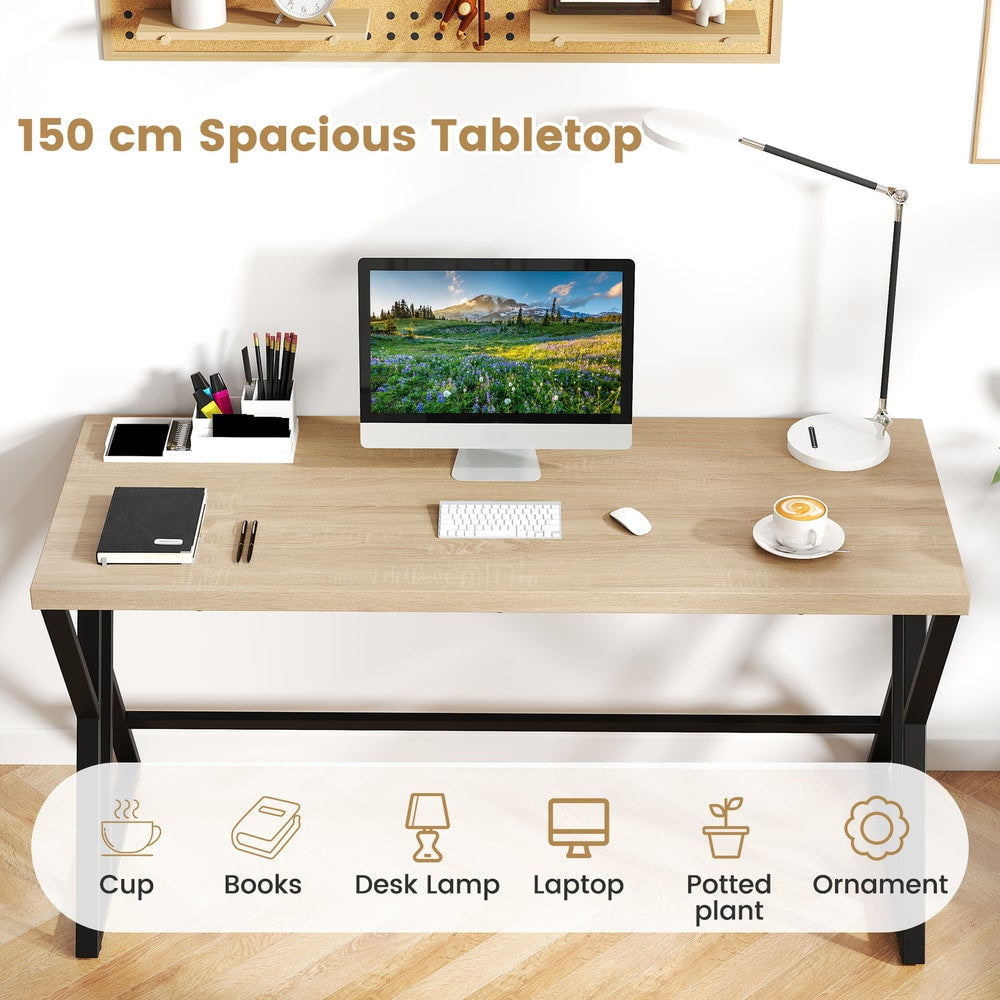 The grey computer desk with icons showing items that can be placed on it
