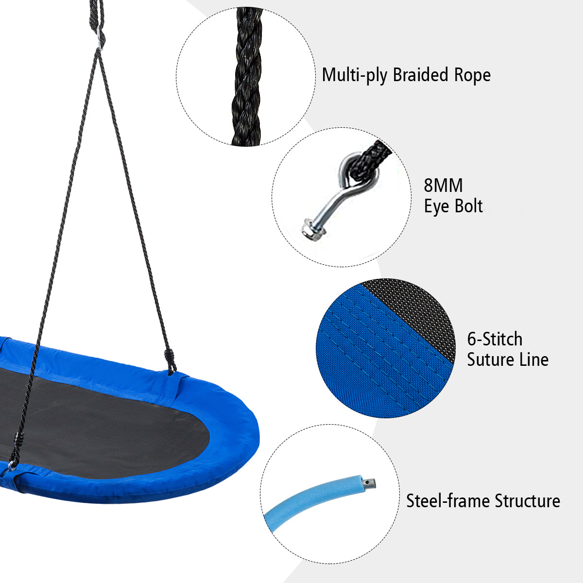 150 cm Oval Swing with Height-Adjustable Rope for Outdoor Indoor-Blue