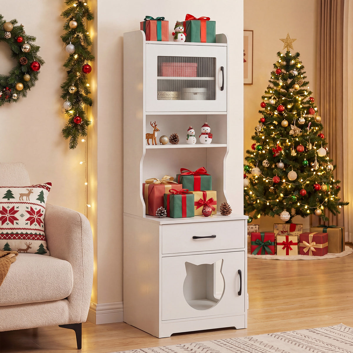152 cm Tall Cat Litter Box Enclosure with Adjustable LED Light-White