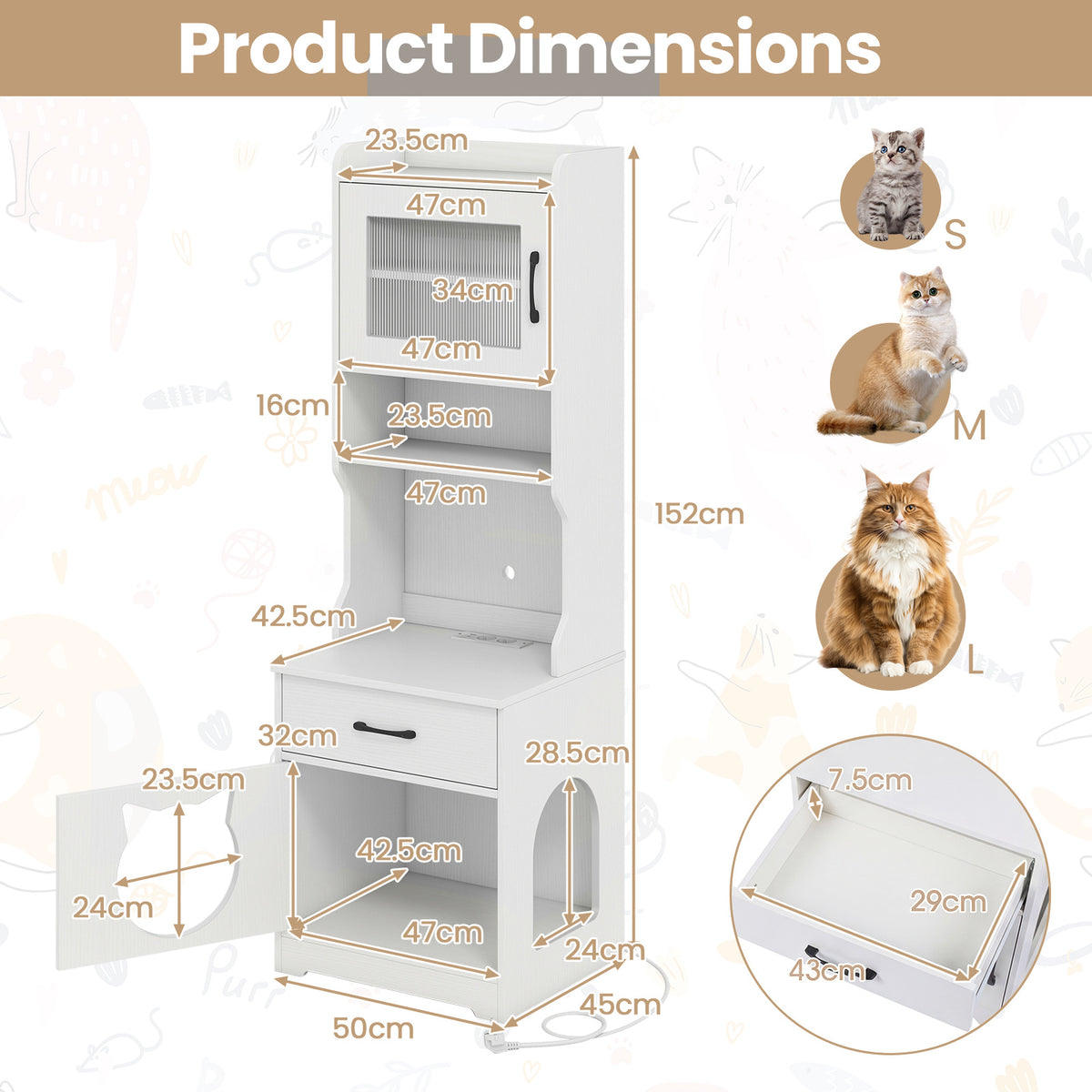 152 cm Tall Cat Litter Box Enclosure with Adjustable LED Light-White