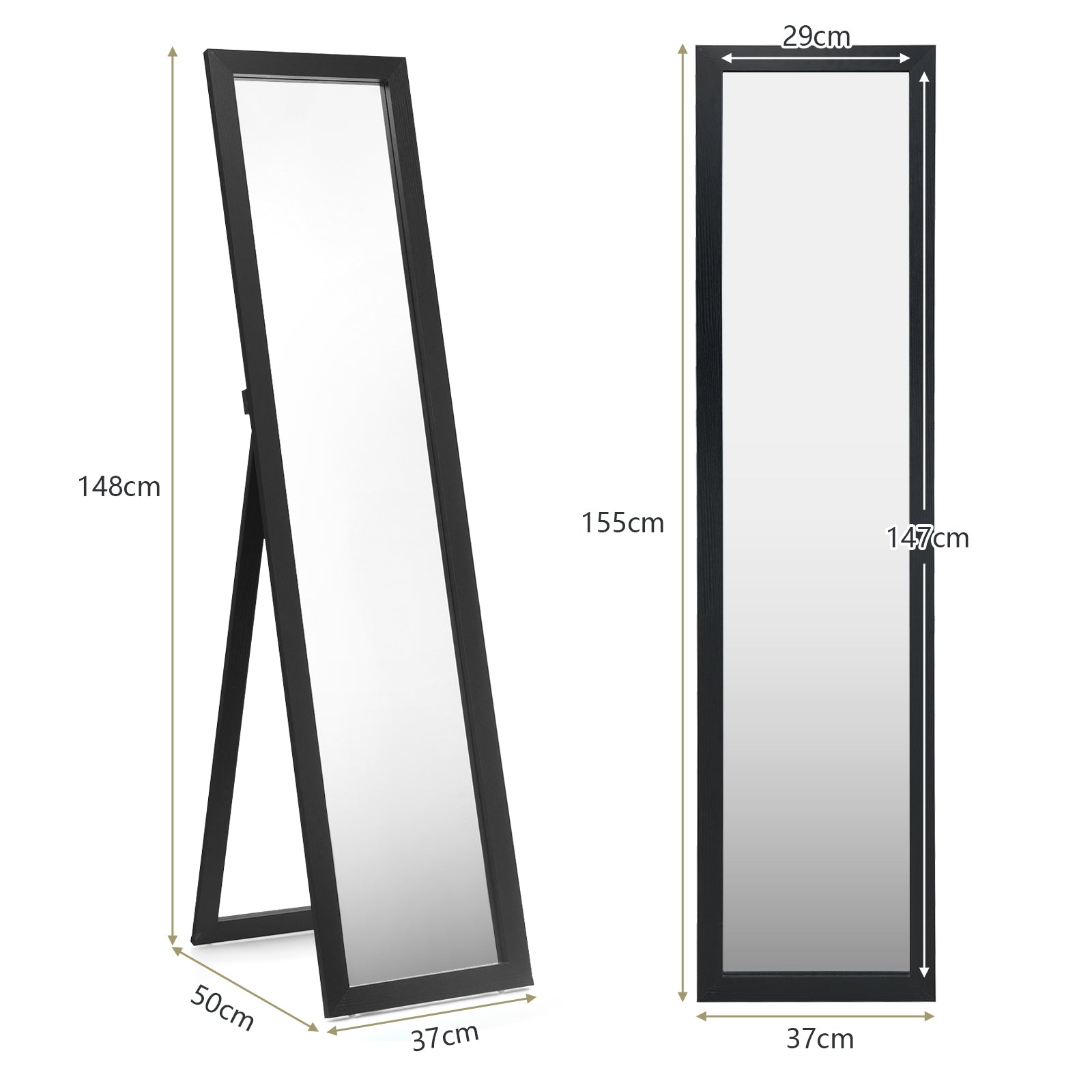 153 x 37 cm Wooden Frame Rectangle Full Length Mirror-Black