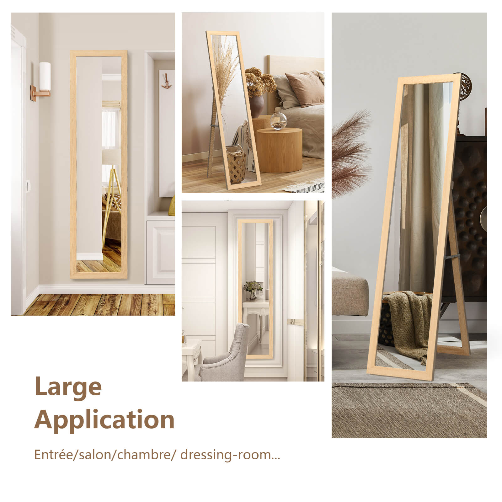 153 x 37 cm Wooden Frame Rectangle Full Length Mirror-Natural