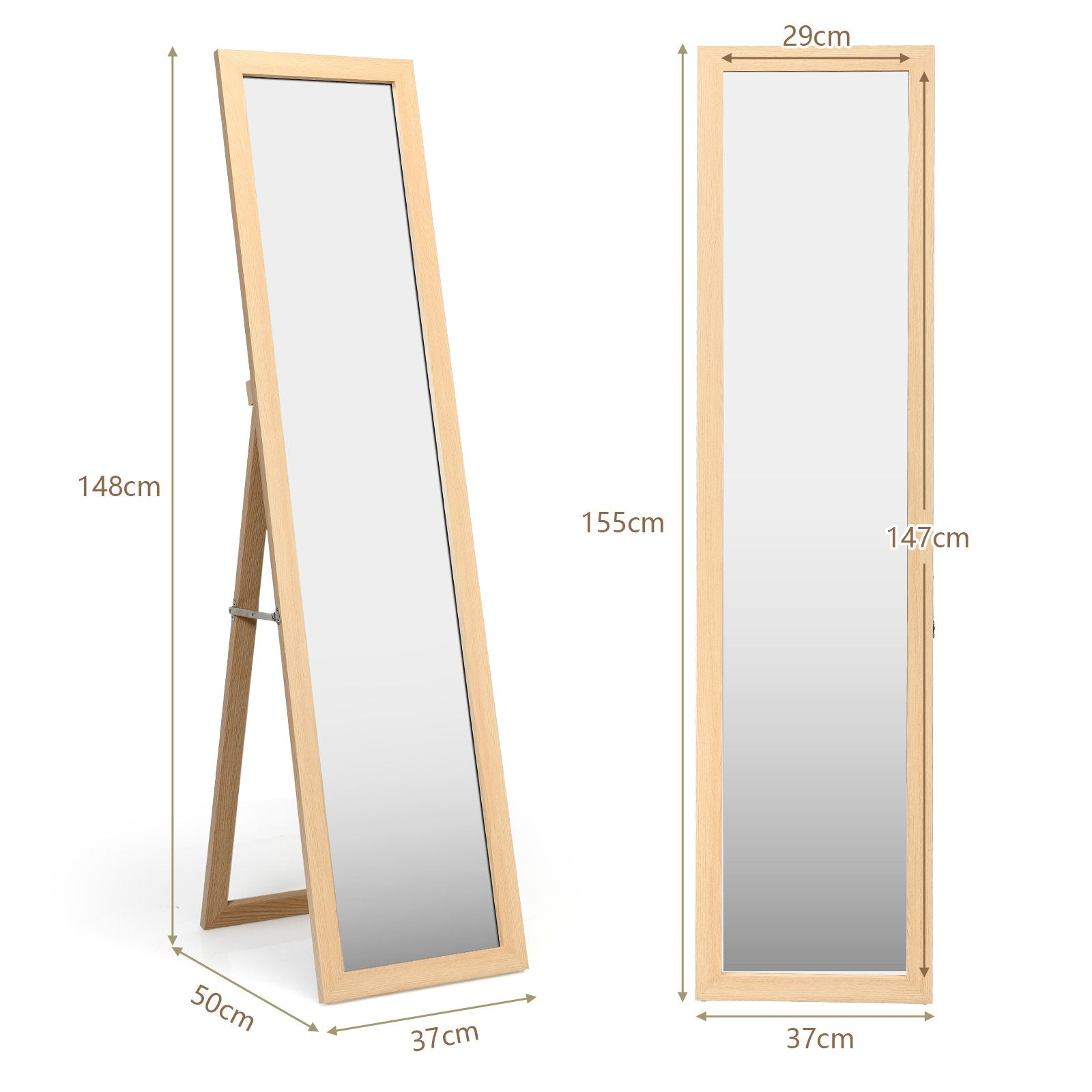 153 x 37 cm Wooden Frame Rectangle Full Length Mirror-Natural