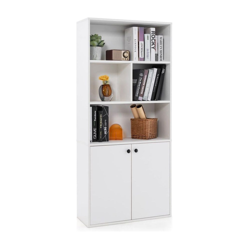 155 CM 5-Tier Bookcase Tall Bookshelf with double doors and open cubes in white