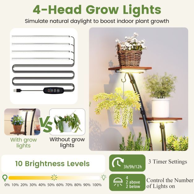 The plant stand showing the grow light strips with brightness and timer control settings