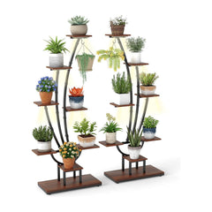 155CM Tall 8-Tier Corner Metal Plant Shelf set of two with integrated lights and potted plants