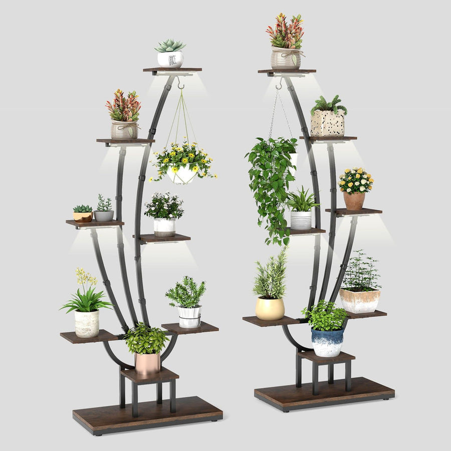 155CM Tall 8-Tier Corner Metal Plant Shelf with lights on each tier, holding multiple potted plants