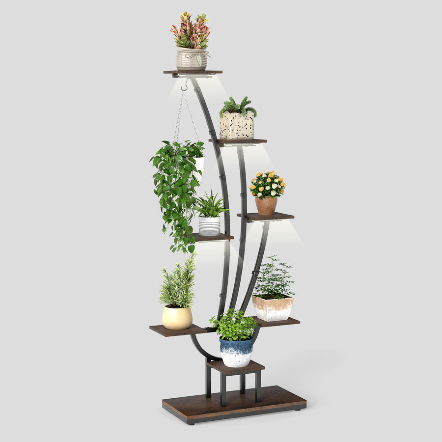 155CM Tall 8-Tier Corner Metal Plant Shelf with plants on each tier, against a grey background