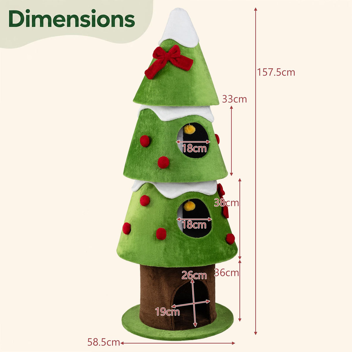 157.5 cm Christmas Cat Tree with 3 Cozy Condos and 2 Hanging Balls-Green
