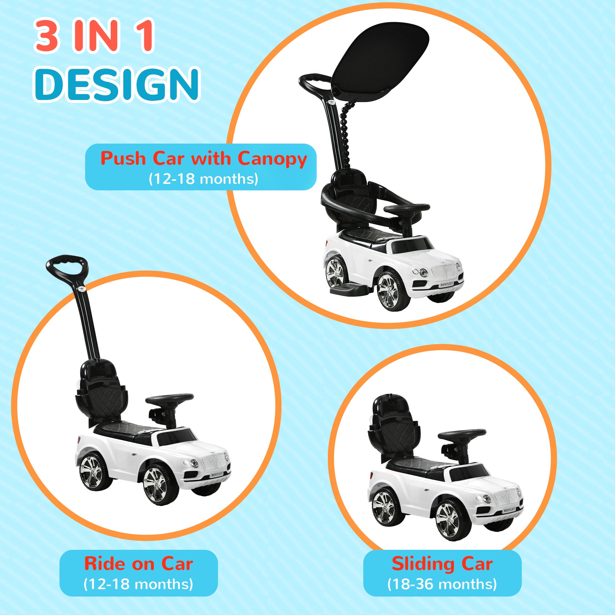 AIYAPLAY Bentley Bentayga Licensed 3-in-1 Baby Push Car, Ride on Car Sliding Car with Canopy, Horn Music - White