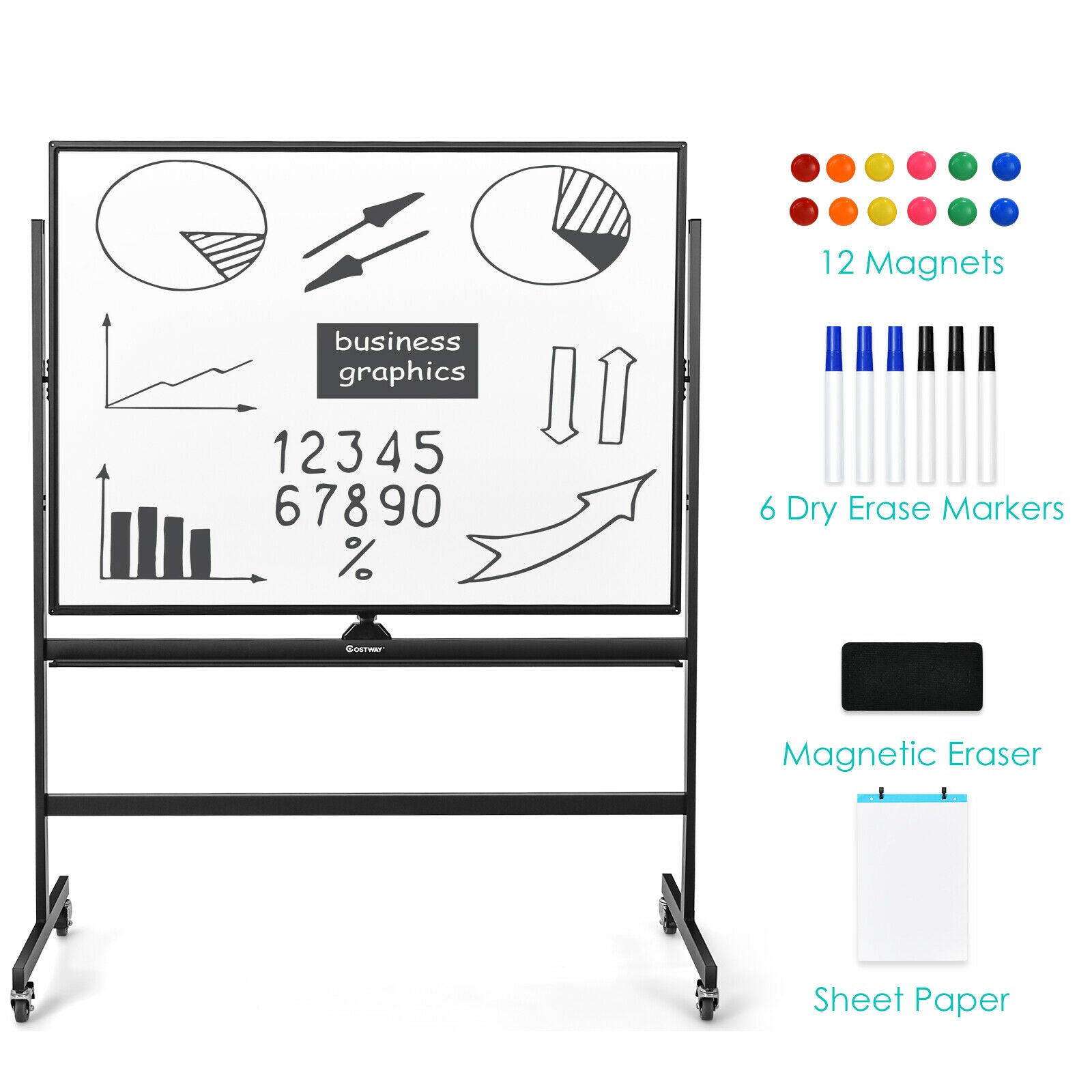 Mobile Magnetic Double-Sized Whiteboard with 4 Lockable Wheels