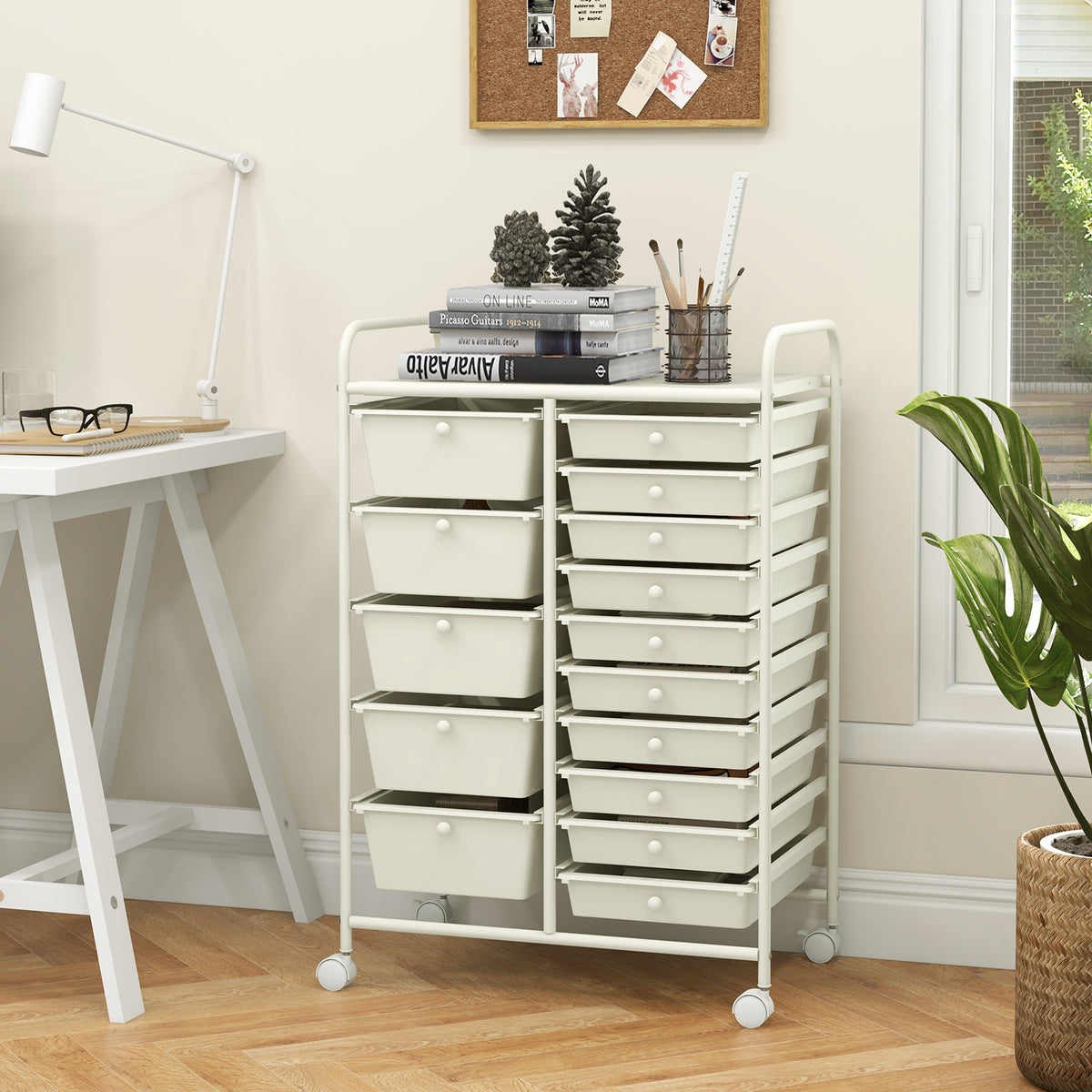 15 Drawer Rolling Storage Cart with 4 Wheels for Beauty Salon-White