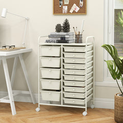 15 Drawer Rolling Storage Cart with 4 Wheels for Beauty Salon-White