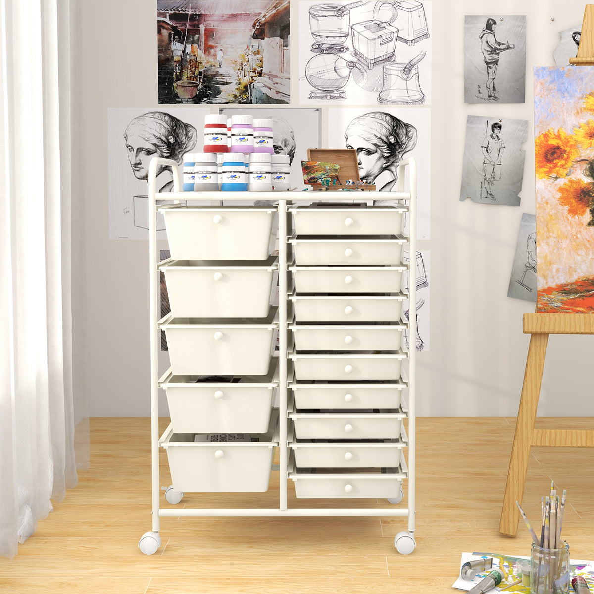 15 Drawer Rolling Storage Cart with 4 Wheels for Beauty Salon-White