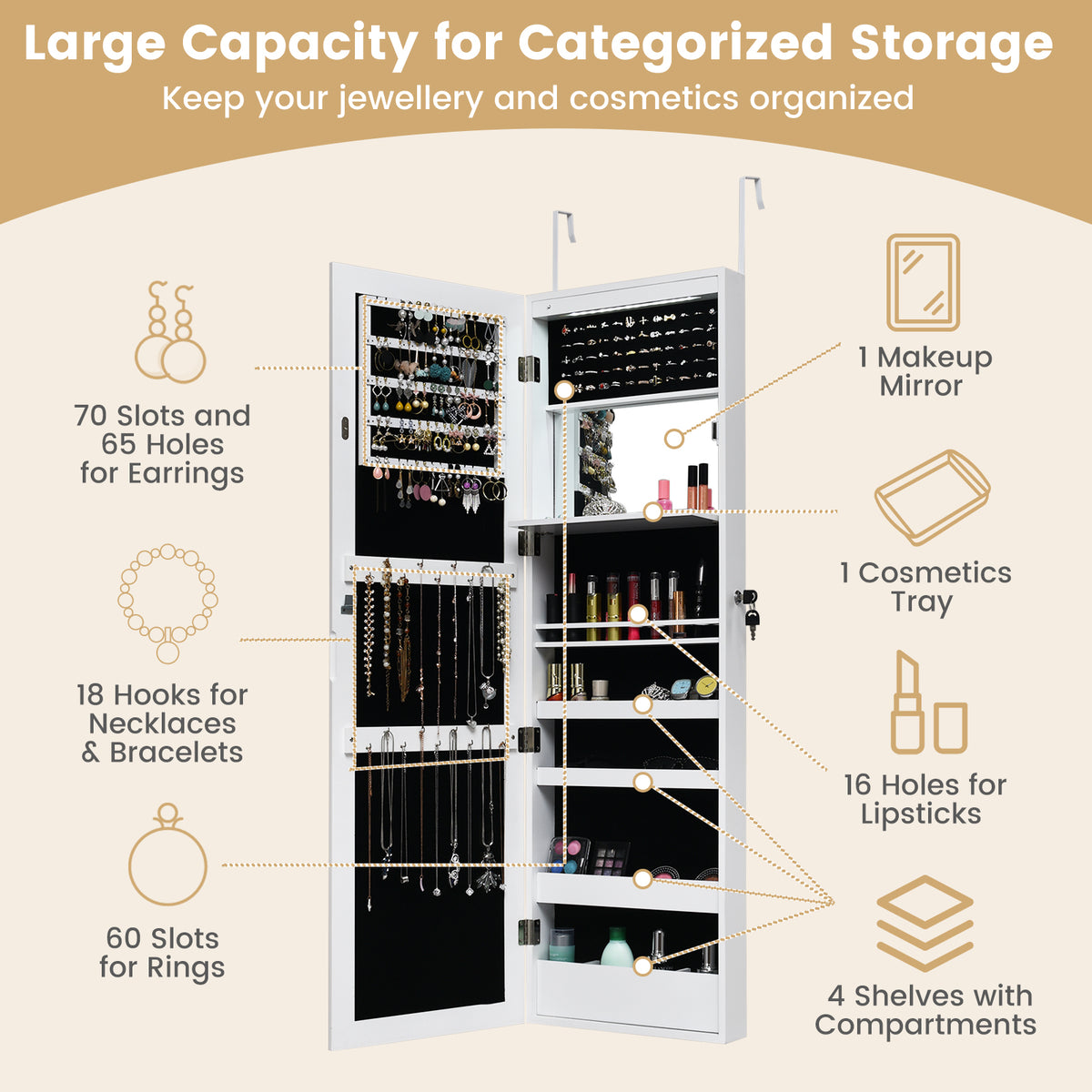 120cm Full Length Lockable Mirror Jewelry Cabinet with 15 LEDs-White