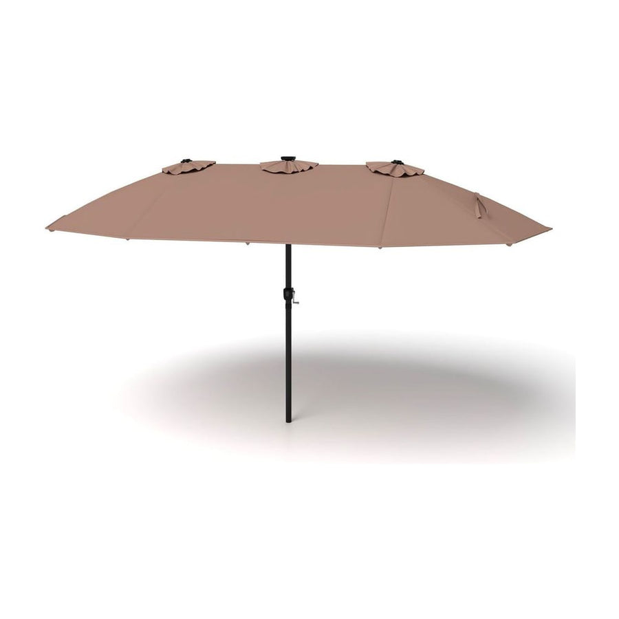 15ft Double-Sided Patio Umbrella with 144 Solar LED Lights Crank Handle No Base-Brown