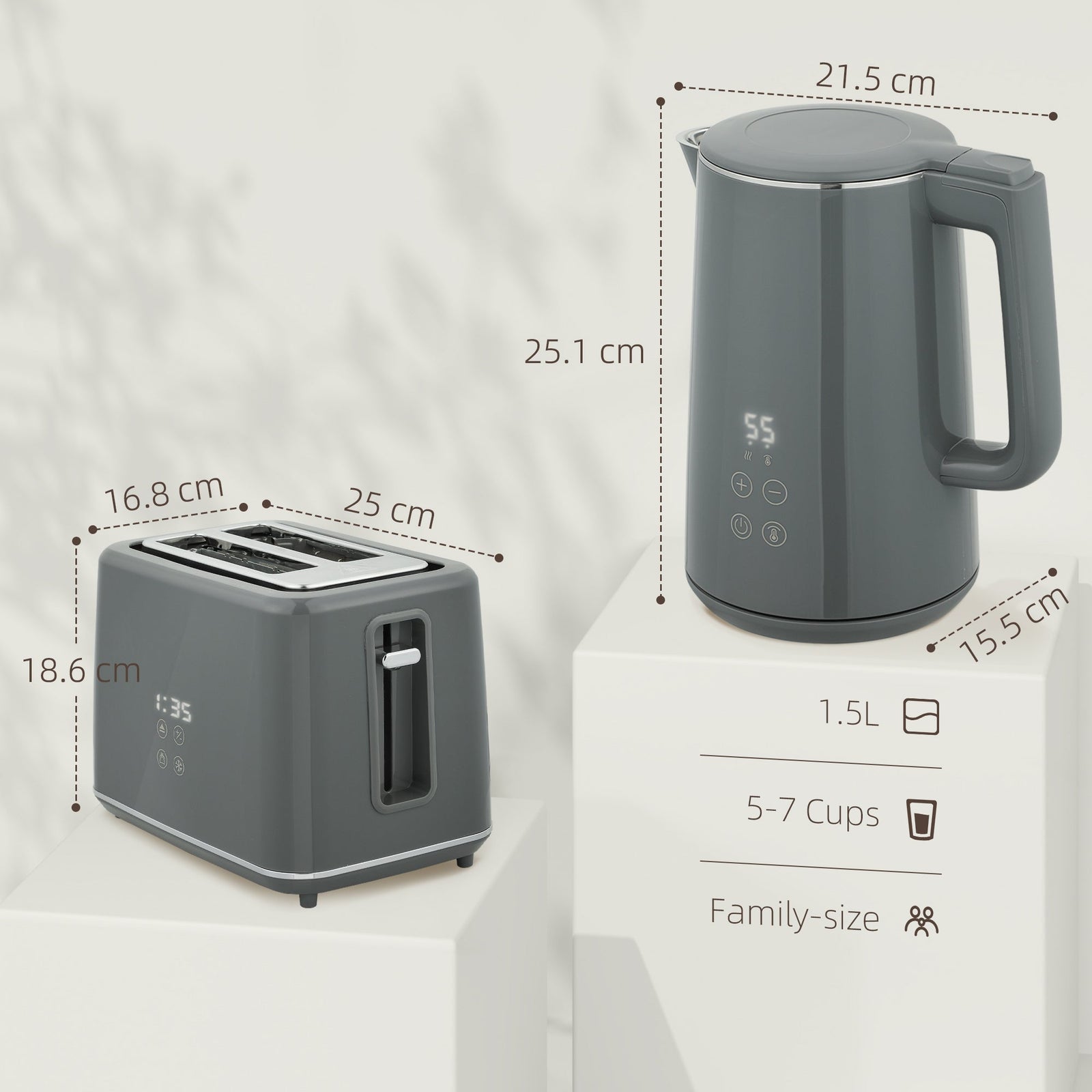 HOMCOM Digital Stainless Steel Kettle and Toaster Set, 1.5L 3000W Fast Boil Kettle, 2 Slice Toaster with 7 Level Browning Controls, Defrost, Reheat, Keep Warm, Crumb Tray and LED Touch Display, Grey