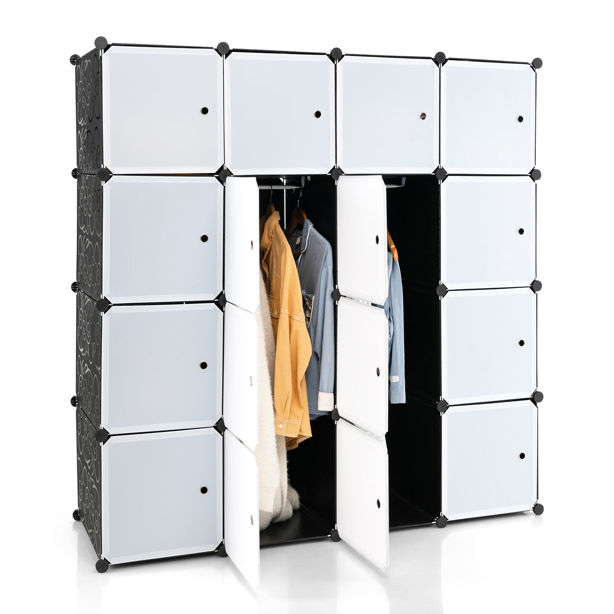 16 Cube Cabinet Storage Organizer with 2 Clothes Hanging Rails -Black & White